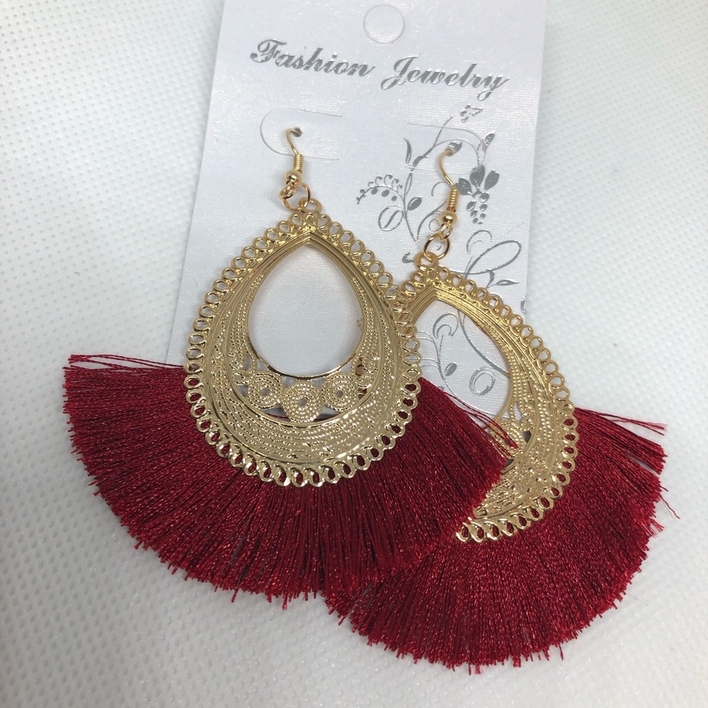 Red Fan Tassel Fringe Earrings ✨Free Hoops Gift✨